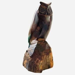 Handmade Wood Owl Statue 7" Brown Sitting Owl on Rock Carved Figurine Monument